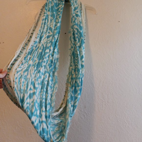 Turquoise Blue & White Ikat Mixed Print Infinity Scarf - Picture 3 of 16